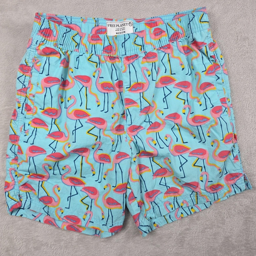 Free Planet Swim Trunks Shorts‎ Mens M Blue Flamingo Print Cotton Beach Summer